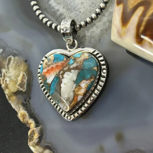 Sterling Southwestern Style Turquoise Spiny Oyster Heart Pendant For Women - Picture 5 of 10